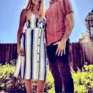 Love Tree Blue Black White Striped Tie-Front Dress with Buttons Size S